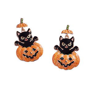 Halloween Black Cat in Pumpkin Post Earring