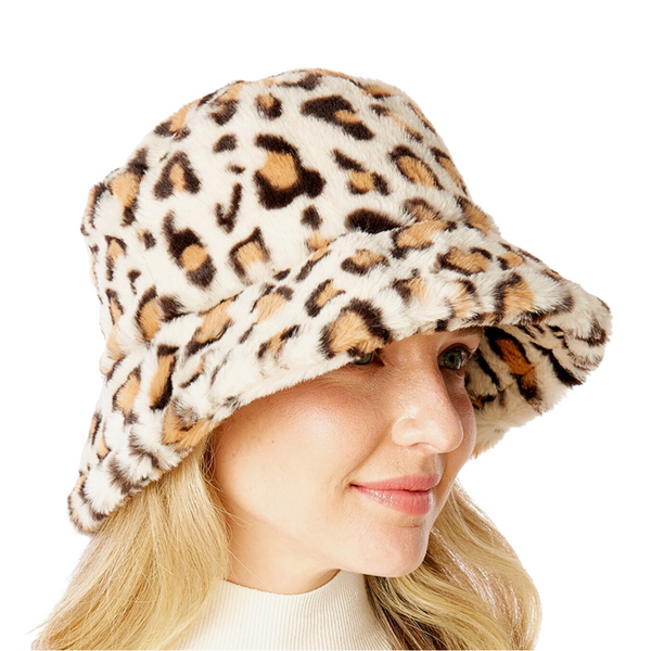 Ivory Leopard Faux Fur Fuzzy Bucket Hat