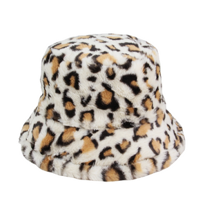 Ivory Leopard Faux Fur Fuzzy Warm Bucket Hat