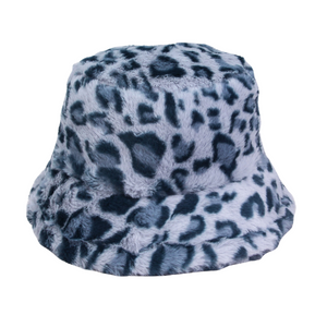 Blue Leopard Faux Fur Fuzzy Bucket Hat