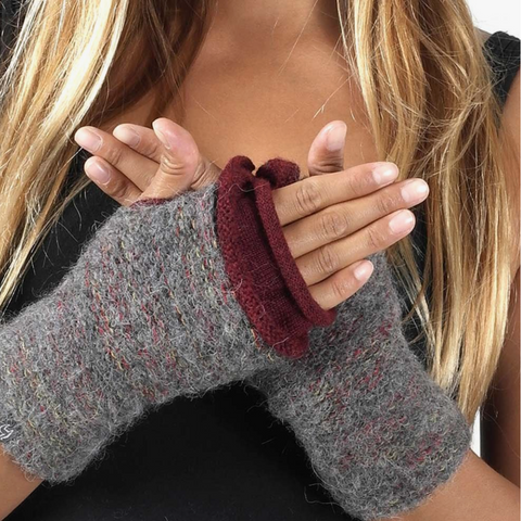 Grey Burgundy Baby Alpaca Fingerless Gloves