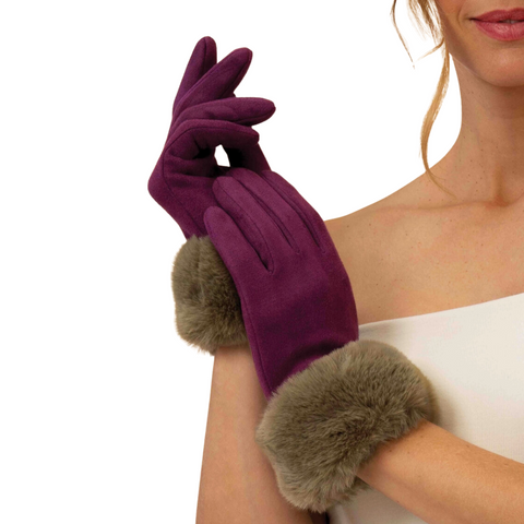 Burgundy Velvety Faux Fur Gloves