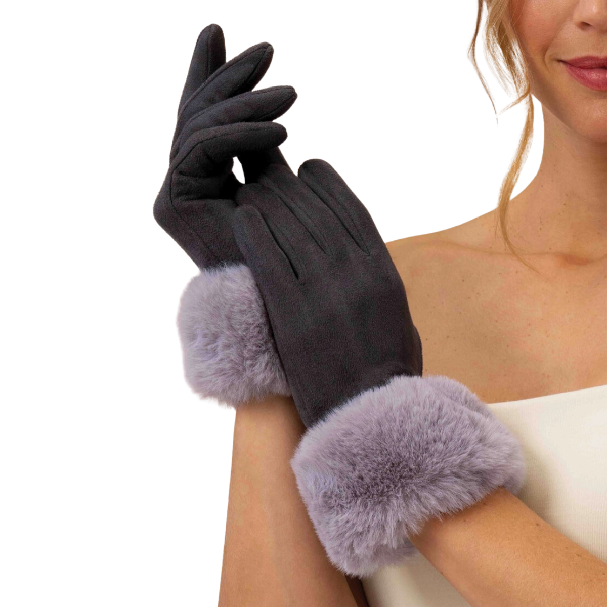 dark grey velvety faux fur trim gloves