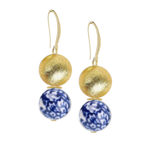 gold bead and blue and white chinoiserie beads earrings