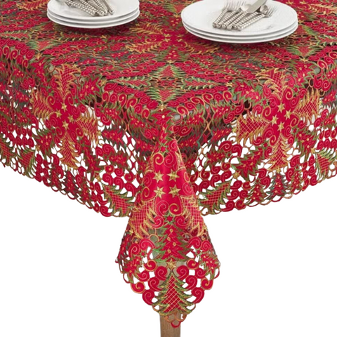 Red Embroidered Christmas Tree Cutout Tablecloth