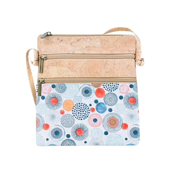 Circle Pattern Double Zip Cork Crossbody Bag