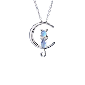 Moon Cat Charm Sterling Silver Necklace