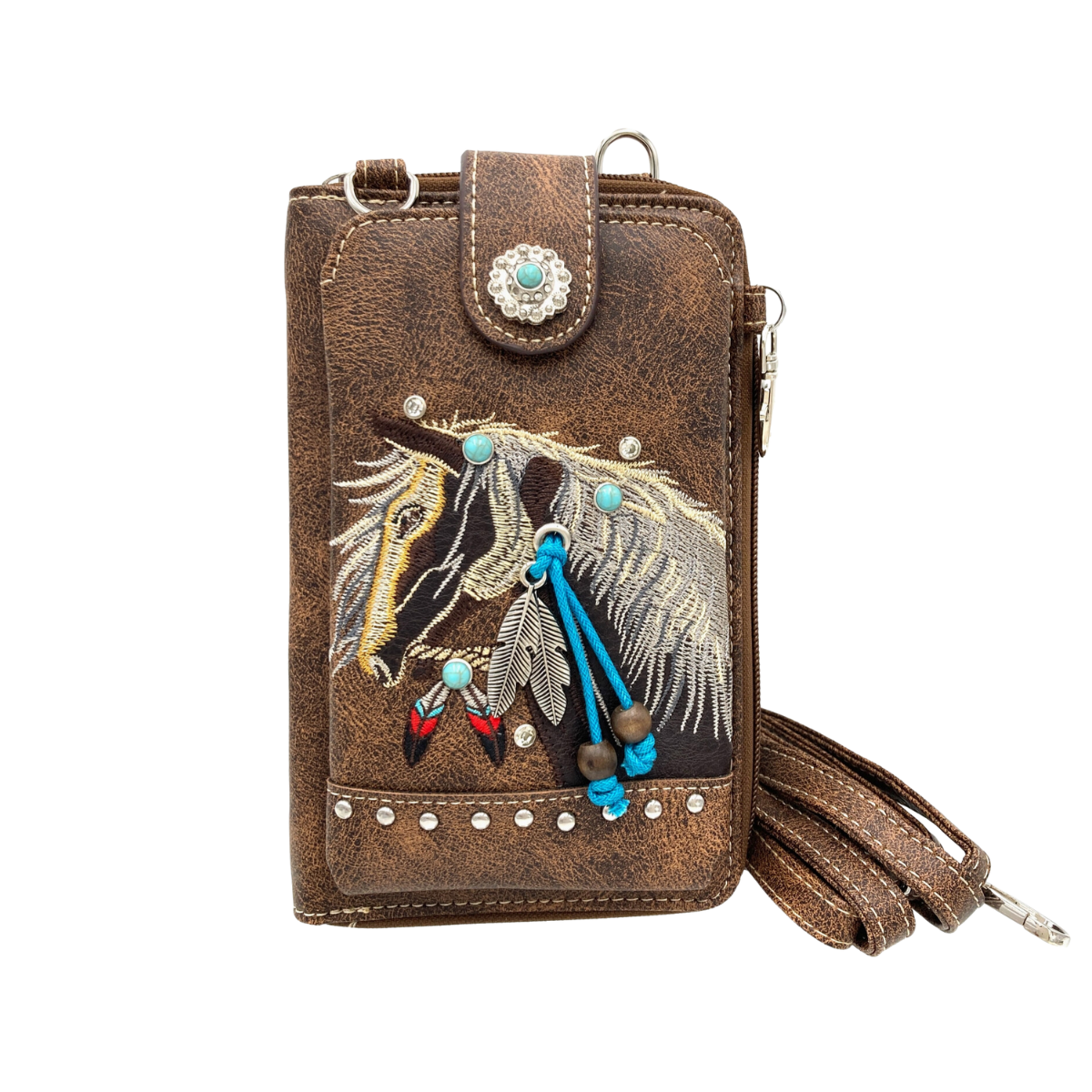 Brown Embroidered Horse Western Crossbody Phone Wallet