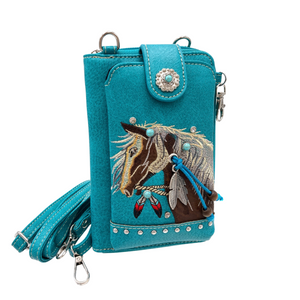 Turquoise Embroidered Horse Western Crossbody Phone Wallet