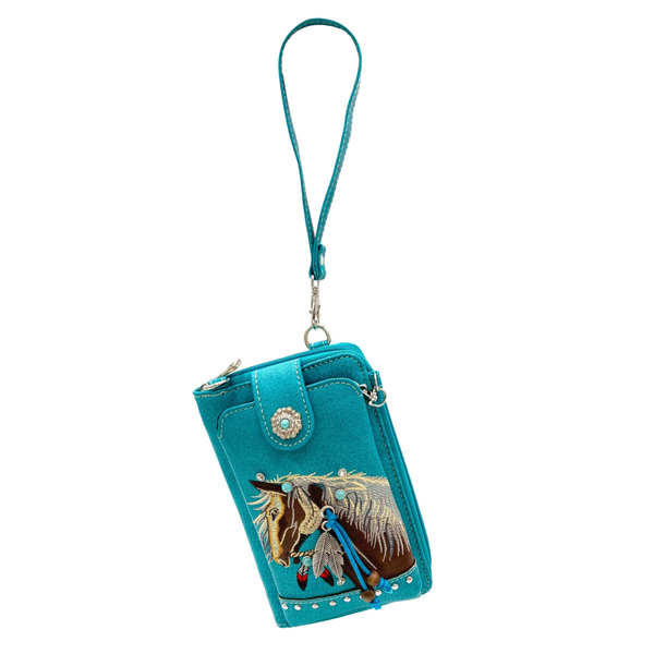 Turquoise Embroidered Horse Western Crossbody Phone Wallet