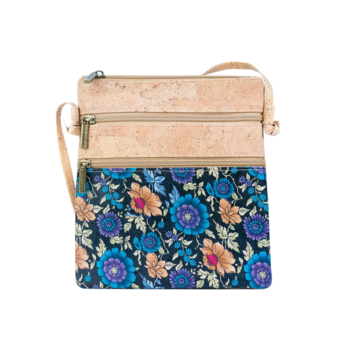Floral Pattern Double Zip Cork Crossbody Bag
