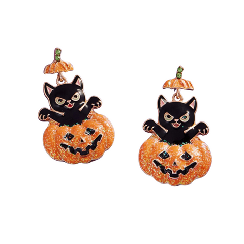 Halloween Black Cat in Orange Pumpkin Post Earrings