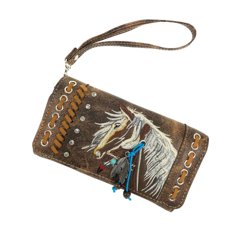 Brown Horse Embroidery Western Crossbody Wristlet Wallet