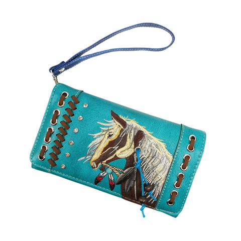 Turquoise Horse Embroidery Western Crossbody Wristlet Wallet