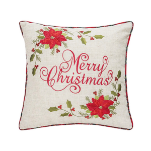 Embroidered Merry Christmas Poinsettia Pillow