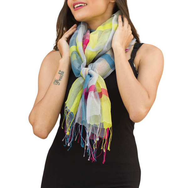 Sheer Multicolor Plaid Silk and Cotton Scarf