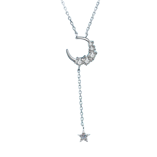 Sparkly Moon Star Charm Sterling Silver Necklace