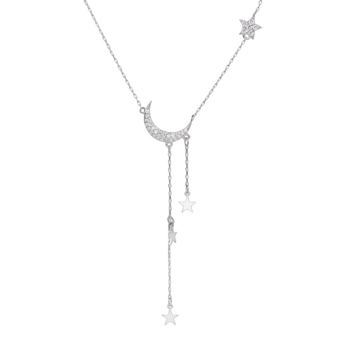 Moon Star Tassel Sterling Silver Necklace