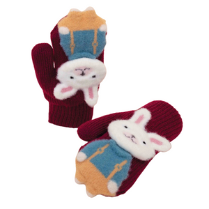 children's bunny burgundy mittens