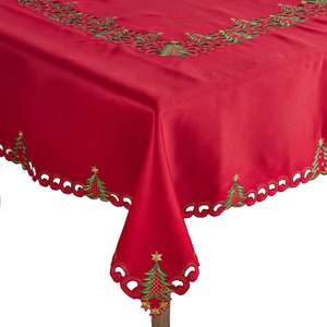 Red Embroidered Christmas Tree Square Tablecloth