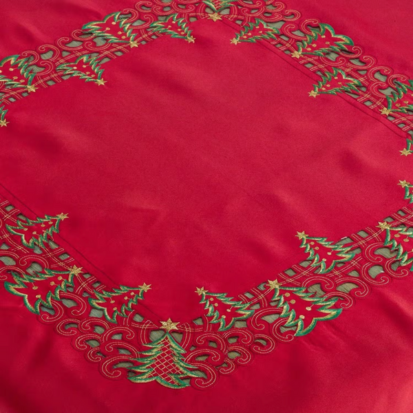 Red Embroidered Christmas Tree Square Tablecloth