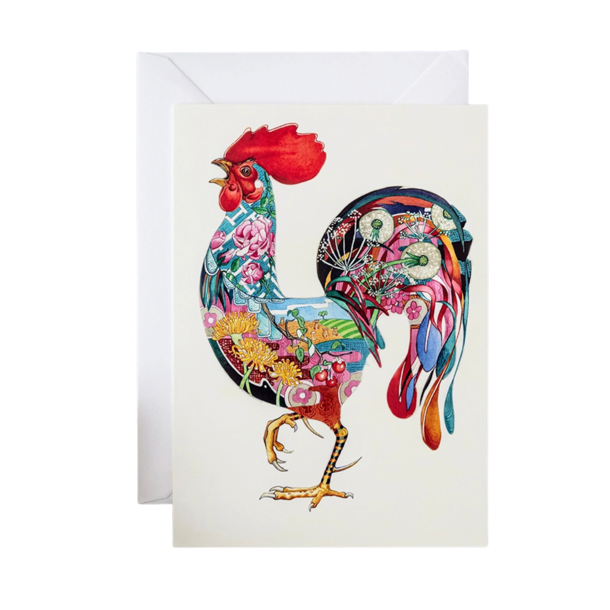 beautifully illustrated floral rooster greeting card