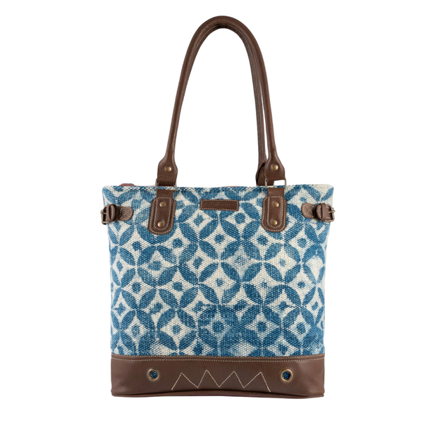 blue geometric shapes canvas leather tote bag