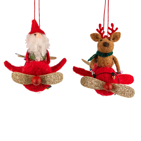 Santa and Reindeer on a Jet Plane Ornaments