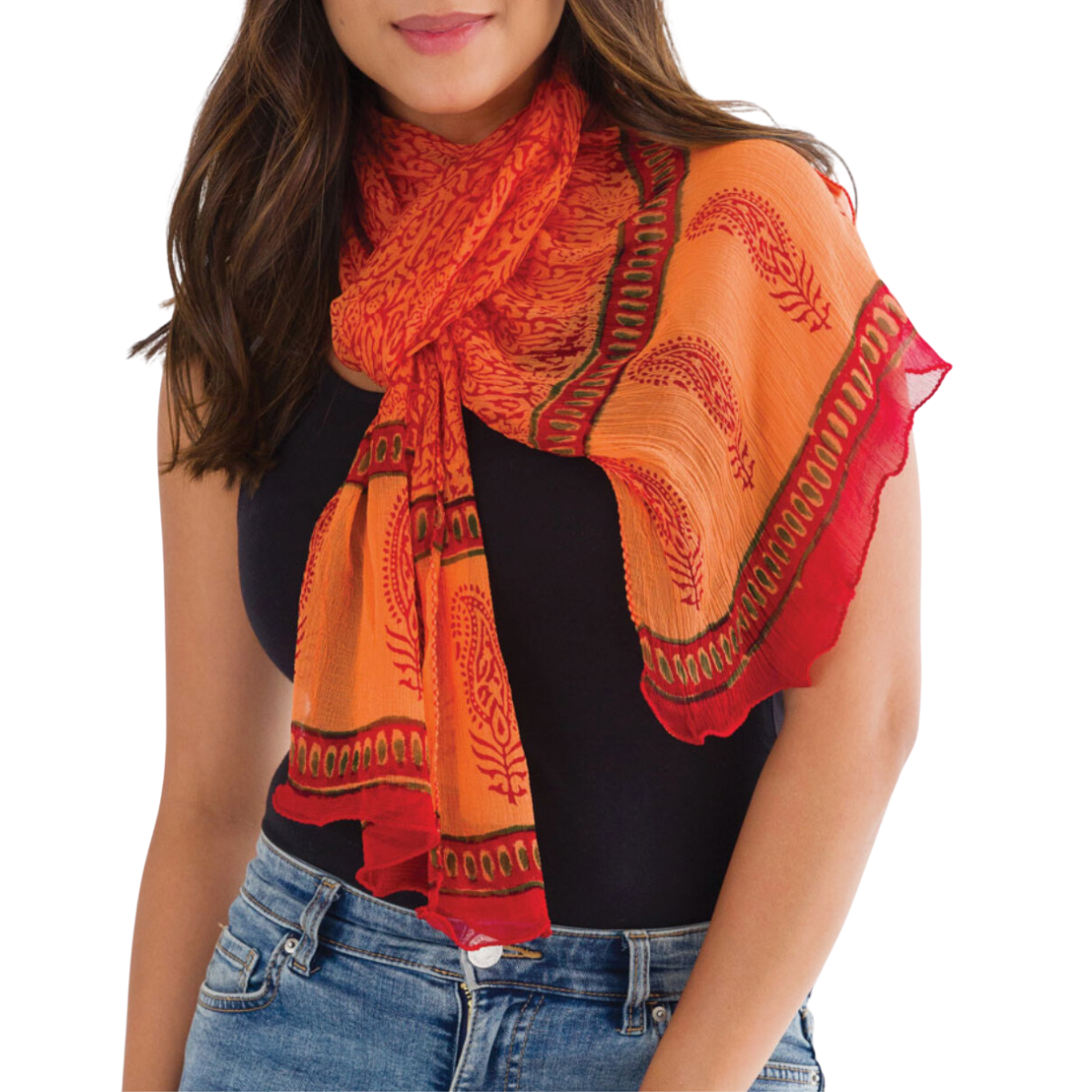 Coral Block Print Chiffon Scarf