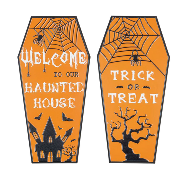 orange trick or treat halloween coffin sign