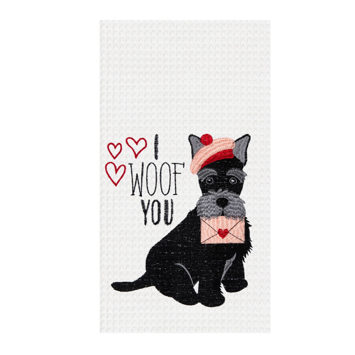 Embroidered Valentine's Day Scottish Terrier I Woof You Kitchen Towel