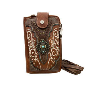 Brown Western Embroidered Crossbody Phone Wallet Purse