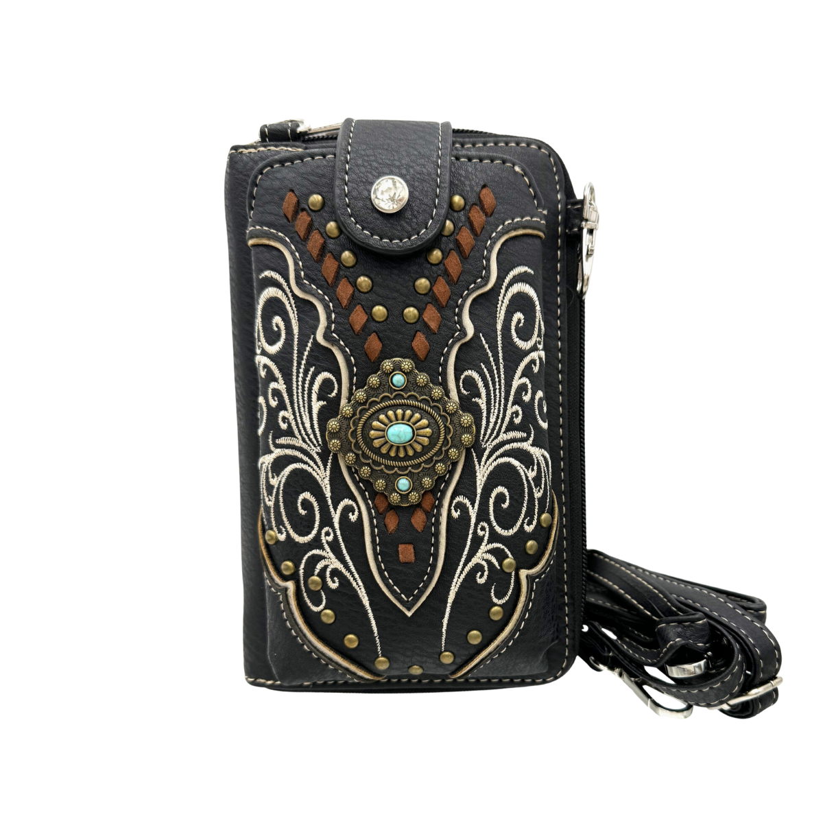 Black Western Embroidered Crossbody Phone Wallet Purse