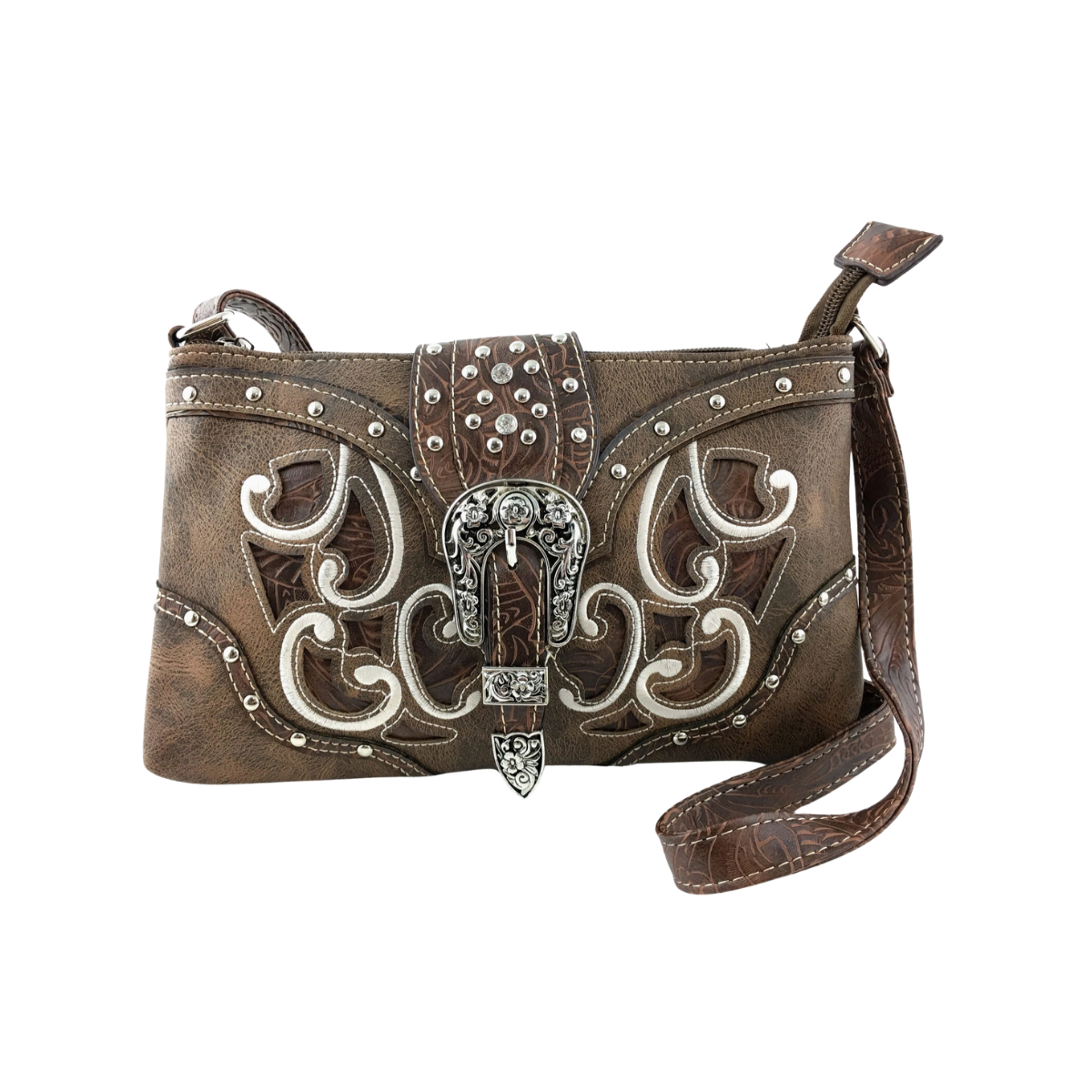 Brown Western Floral Buckle Crossbody Pouch Bag