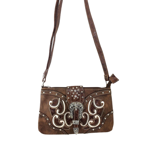 Brown Western Floral Buckle Crossbody Pouch Bag