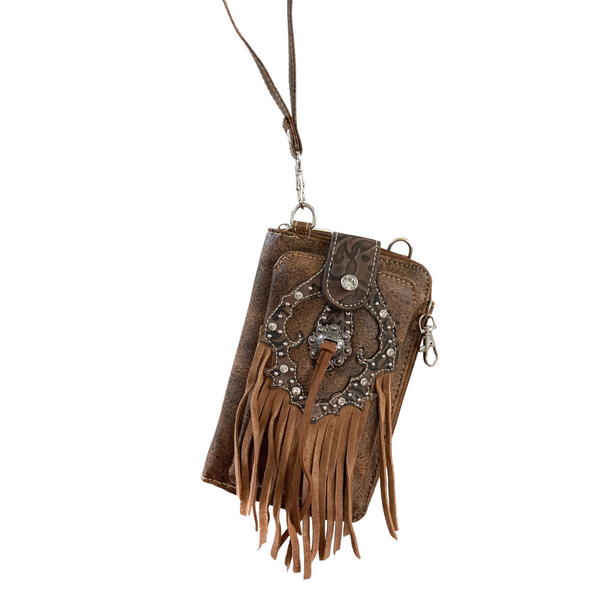 Brown Western Fringe Crossbody Phone Wallet