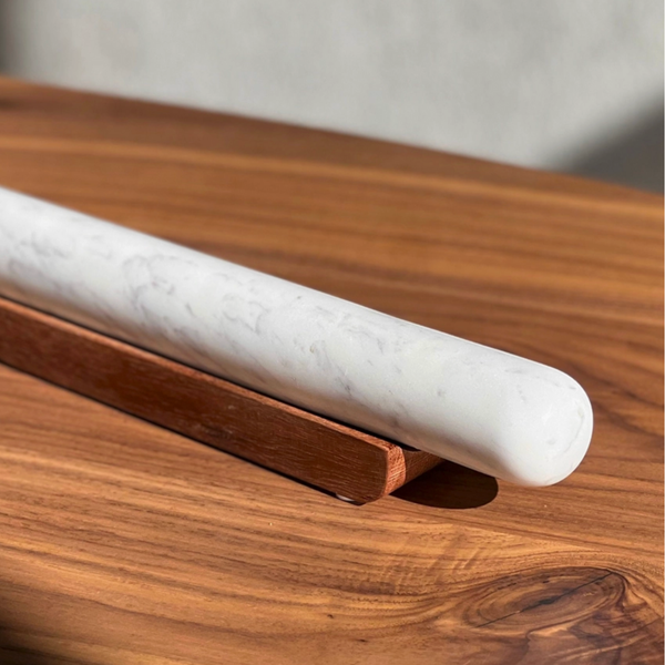 White Marble Rolling Pin and Wood Base