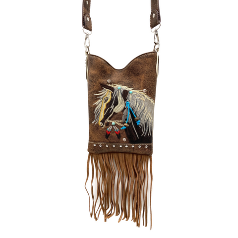 Brown Embroidered Horse Crossbody Western Messenger Pouch