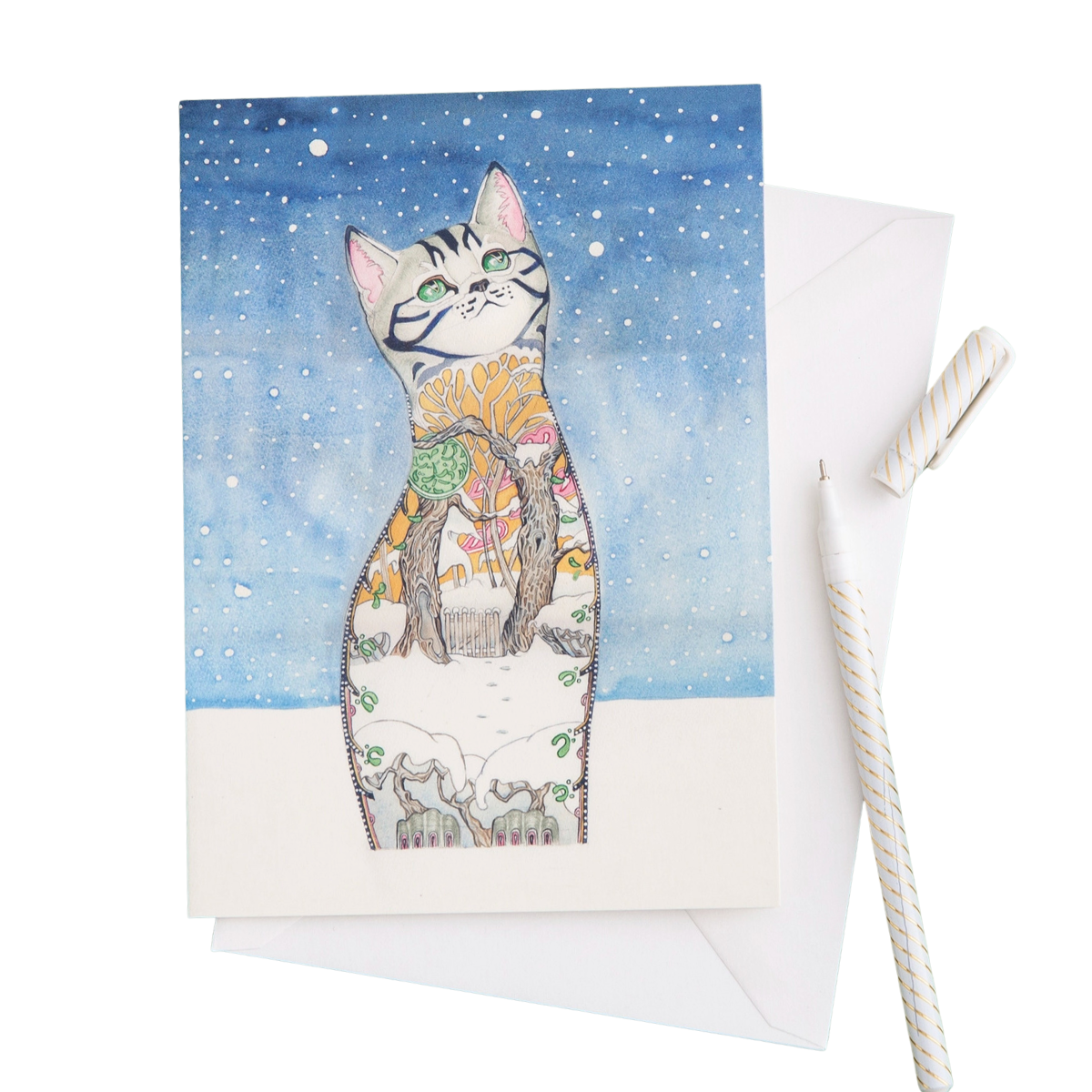 watercolor dreamy cat greeting card