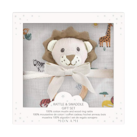 Mon Ami Safari Swaddle & Lion Rattle Gift Set