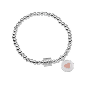 Pink Heart Charm Beaded Sterling Silver Bracelet