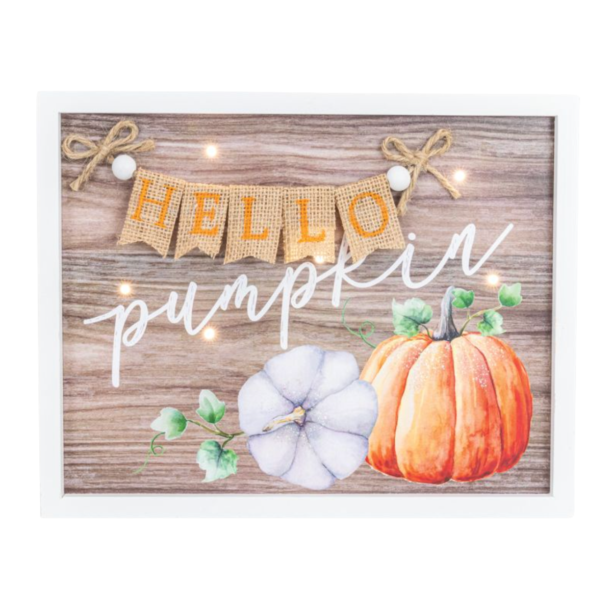 wooden hello pumpkin sign with lights