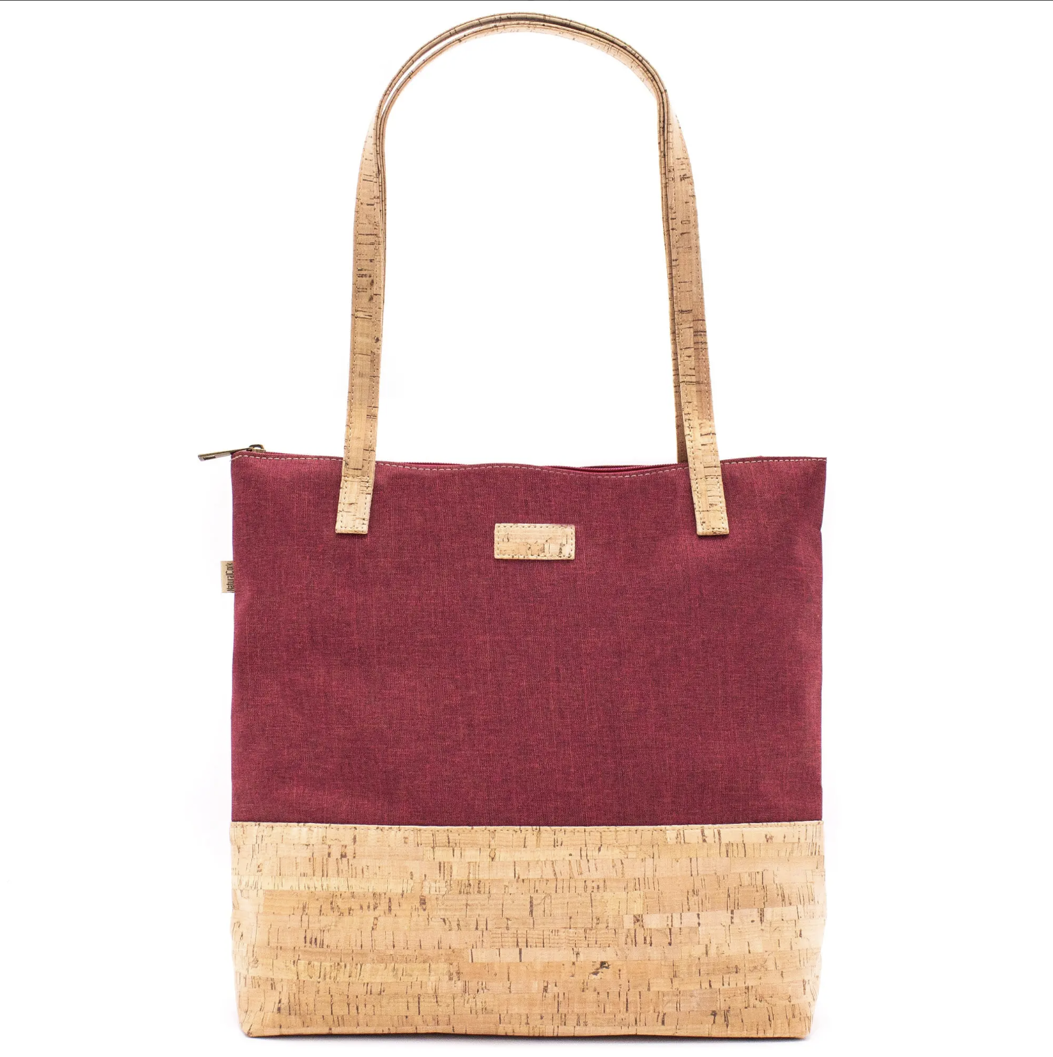 red fabric and cork tote bag