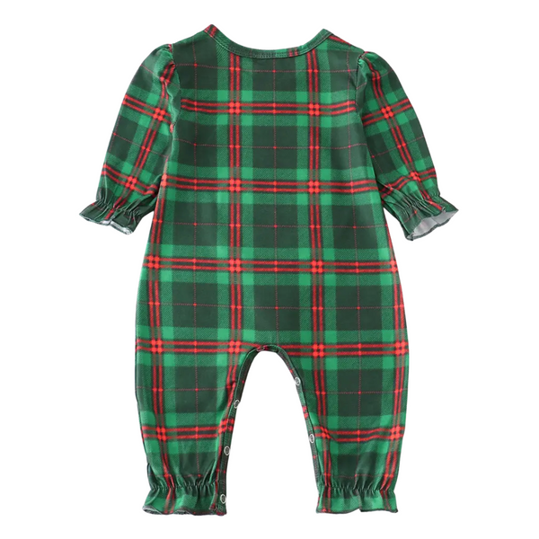 Green Plaid Santa Applique Baby Romper