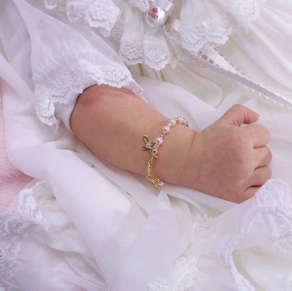 14K Gold. Plated Pink Pearl Cross Baby & Kids Bracelet