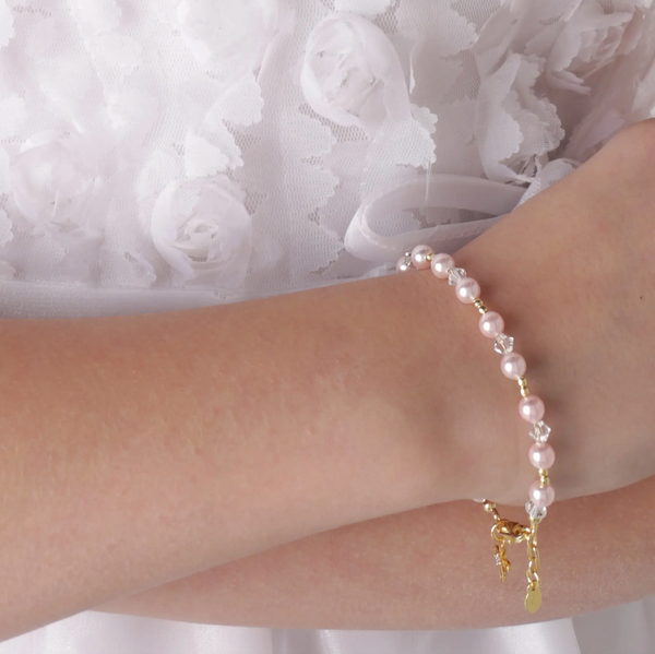 14K Gold. Plated Pink Pearl Cross Baby & Kids Bracelet