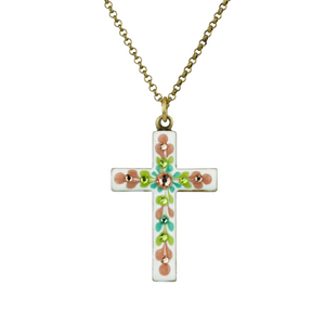 Spring Floral Crystal Enamel Cross Necklace