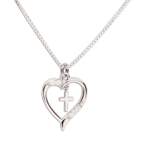 Girls Sterling Silver Cross Heart Necklace